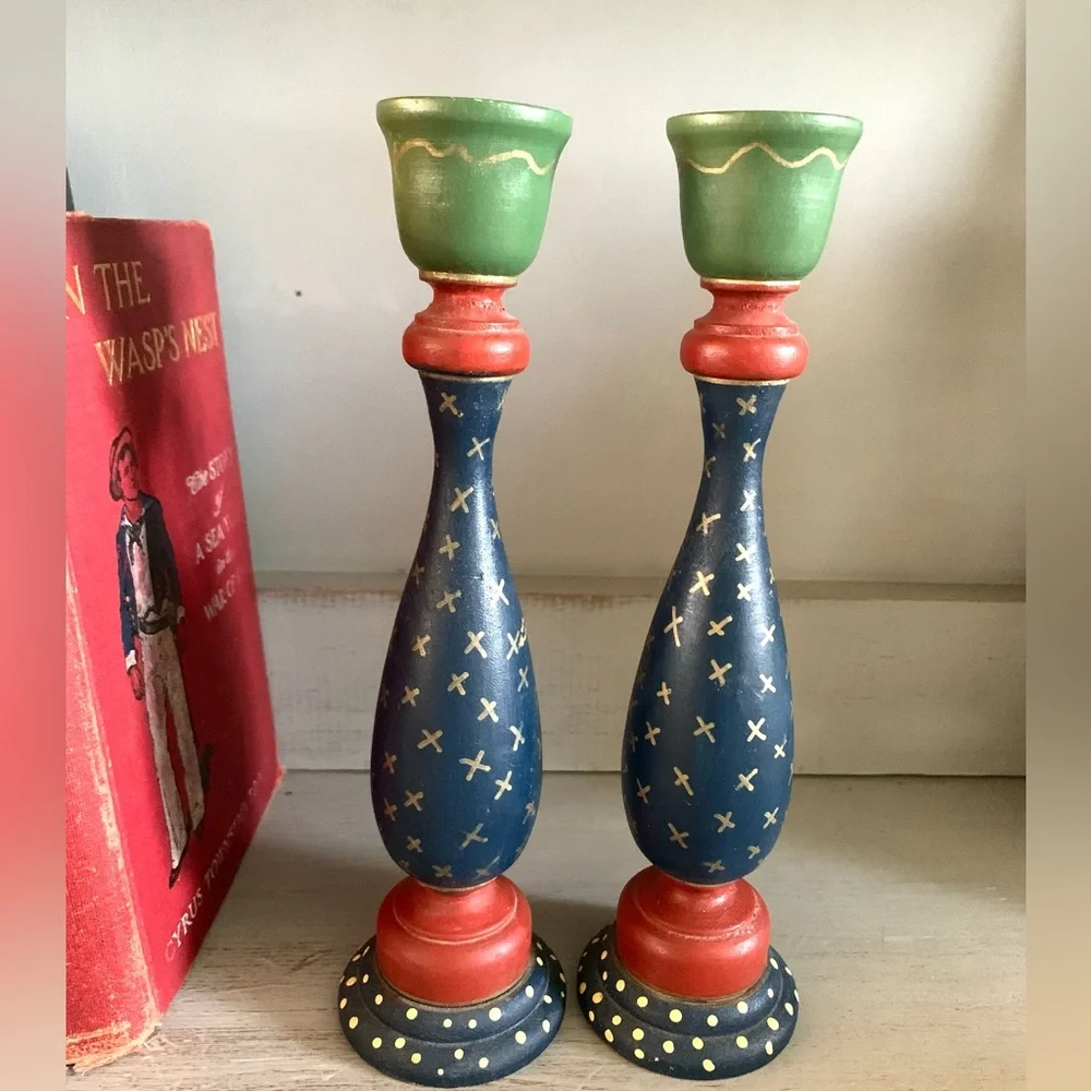 Vintage Hand painted wooden Folk Art Candle Sticks 9” Red Blue Gold Cottagecore